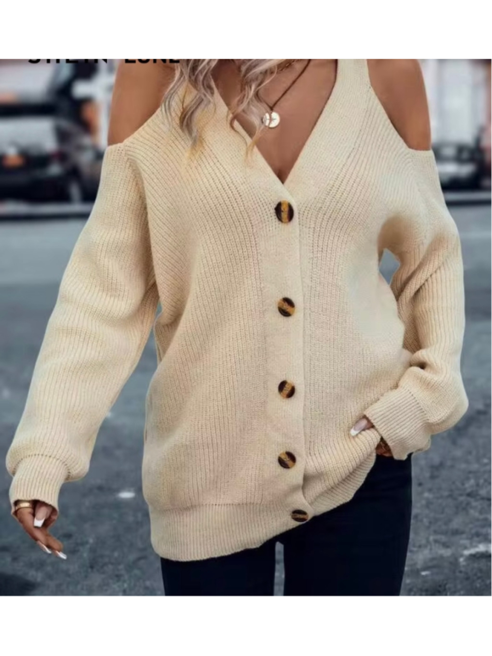 Women's Cold Shoulder Button-Down Cardigan Beige Size 1xl